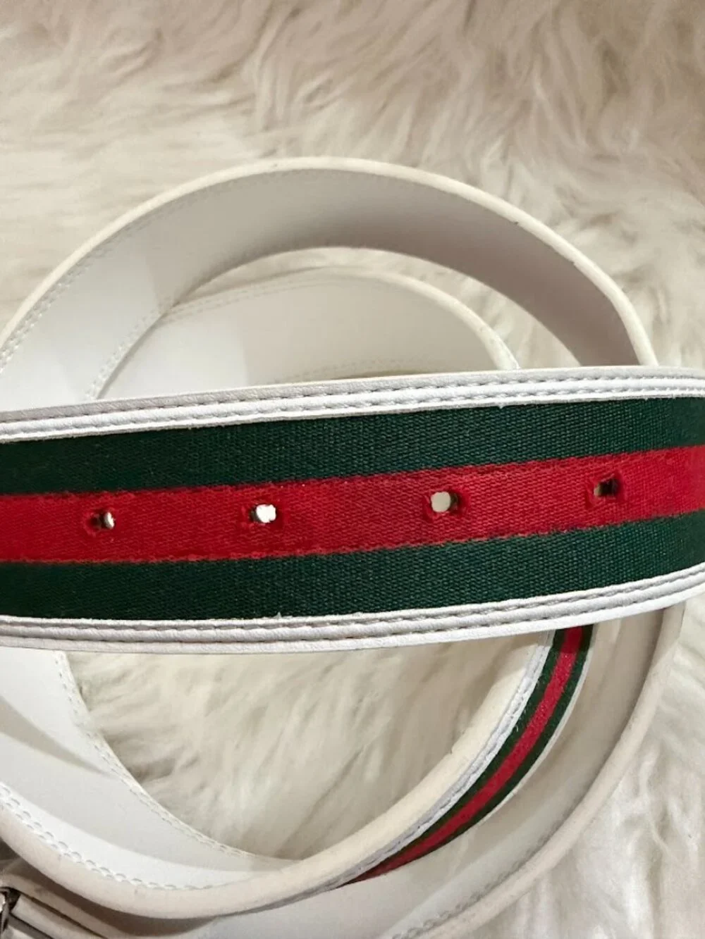 White Leather Look Belt Green Red Stripe Silver Tone Statement Buckle